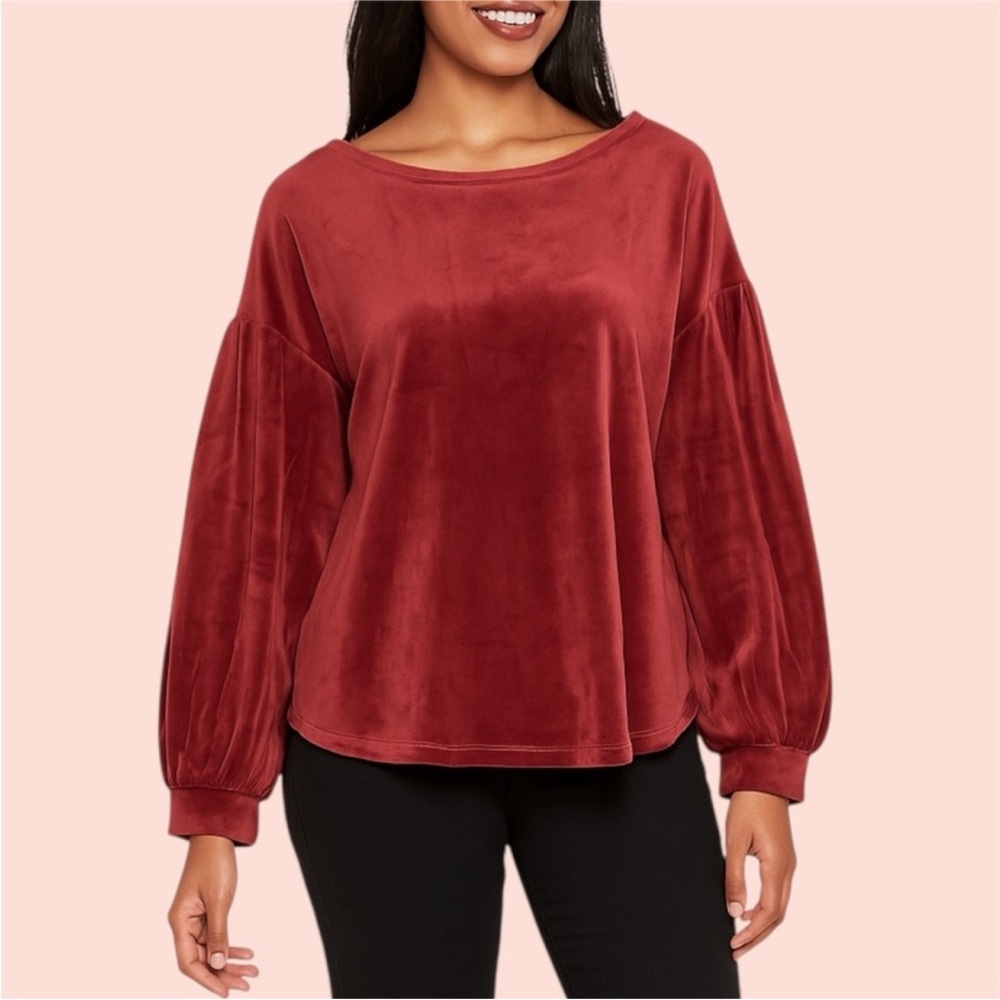 Velour Red Sweatshirt Christmas Top Soft Simple Sleek Pull Over